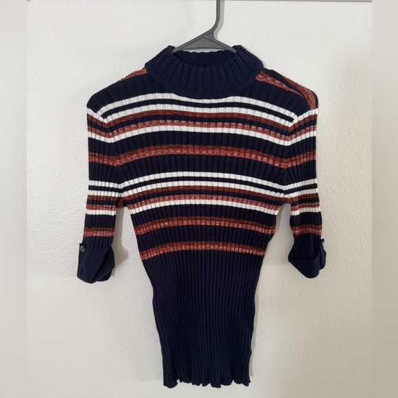STYLE&CO MULTI-COLOR STRIPE 3/4 SLEEVE MOCK NECK RIBBED KNIT TOP Size PL - Picture 1 of 5